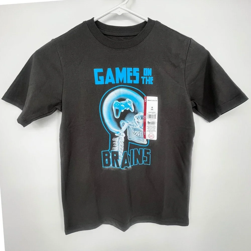 Games on the Brain Graphic T-Shirt Boy Medium 8 Grey Video Gamer Cyperpunk Tech